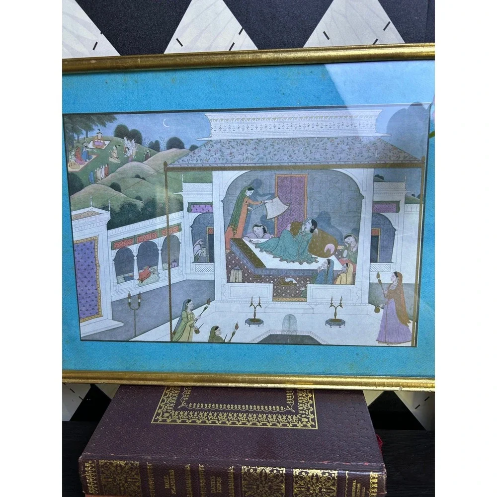 Vintage Framed Indian Pahari Mahabharata Print Palace Scene Wall‎ Art